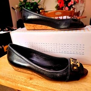 Tory Burch "EMMA DEMI " Black Pebbled Leather Wedge Heel Open Toe Slipons